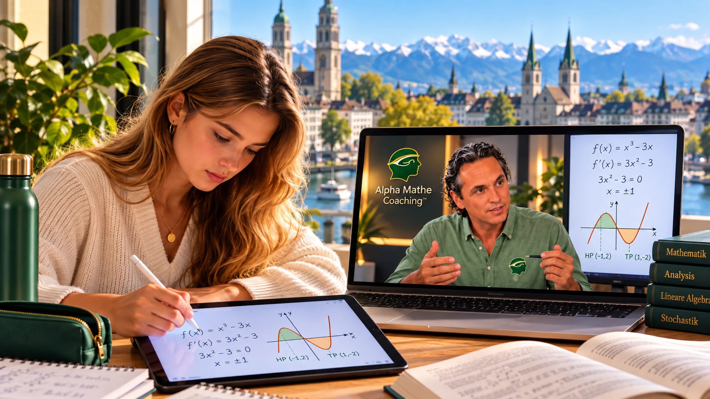 Schülerin bearbeitet eine Mathematikaufgabe mit einem Coach auf dem Laptop
